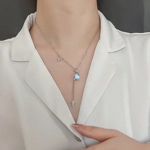 NEW Silver Square Shiny Cross Star Tassel Necklace